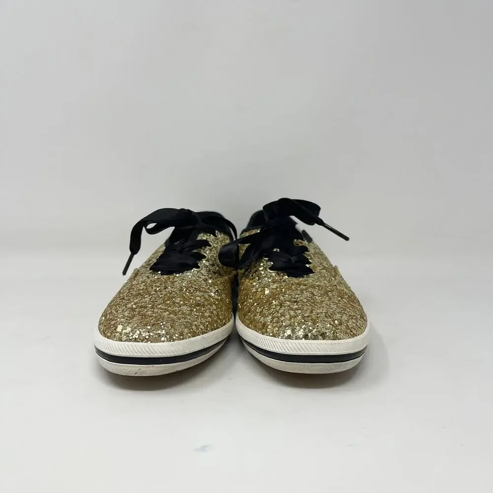 Keds x‎ Kate Spade Glitter Lace Up Sneaker Womens 7 Gold Glitter Black Ribbons